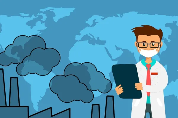 Grafische Darstellung weltweiter Luftverschmutzung (Fabriken und männlicher Naturwissenschaftler mit Atemmaske und Schreibblock)